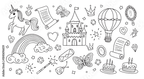 Charming hand drawn fantasy doodle set featuring unicorns castles and magical elements