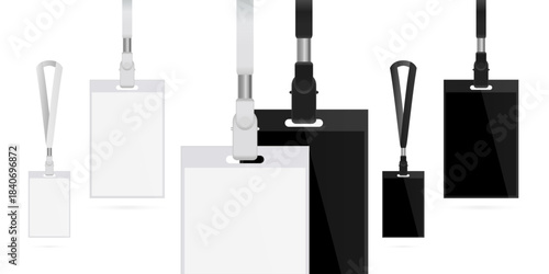 Realistic ID and RFID Badge Mockup Set – Blank Identification Cards, Employee Passes, and Access Tags with Lanyard, Plastic Clasp, and Neck Strap – Black and White Isolated Vector Illustration
