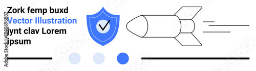Rocket speeding ahead with a blue shield and check mark icon, conveying safety and progress. Ideal for technology, security, innovation, growth, speed, reliability, simple landing page