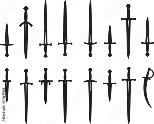 A collection of various medieval swords and daggers in black and white line style on a transparent background on transparent background