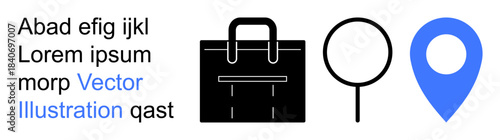 Navigation, business, search tools, travel, exploration, mapping. Black business bag, magnifying glass blue location pin. Navigation and business visual