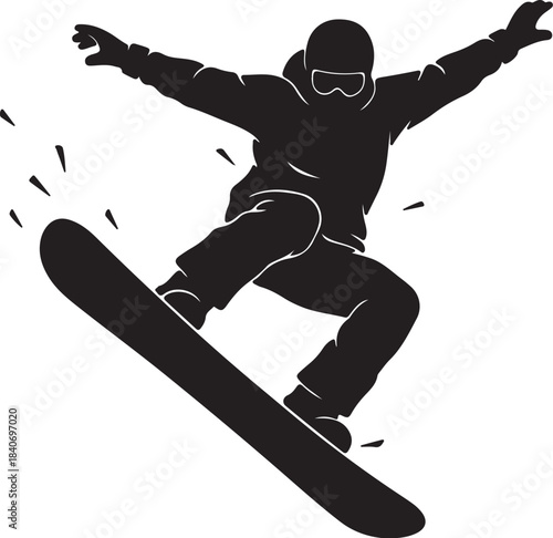 A black silhouette of a snowboarder in mid air performing a trick with arms outstretched and a snowboard beneath their feet on a white background on transparent background