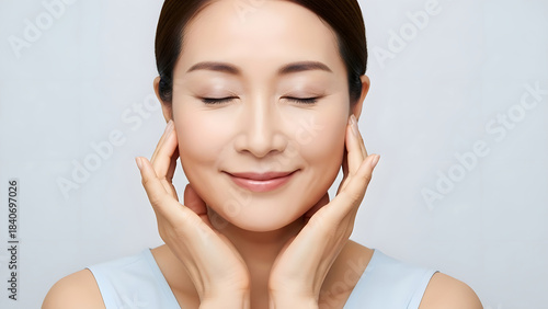Wallpaper Mural Serene Asian Woman with Closed Eyes Gently Touching Her Smooth, Radiant Face Torontodigital.ca