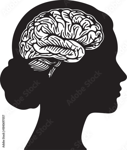 Black and white silhouette of a woman with a brain inside her head on transparent background