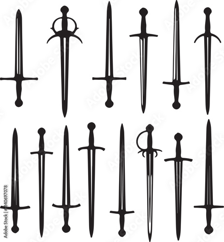 Collection of various medieval swords in black and white style on transparent background knives blades