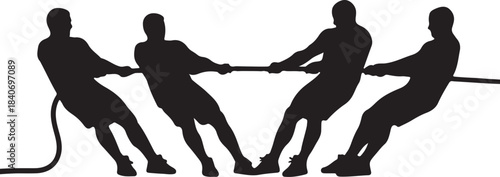 Four Silhouetted People Engaged in a Tug of War on a White Background on transparent background four people