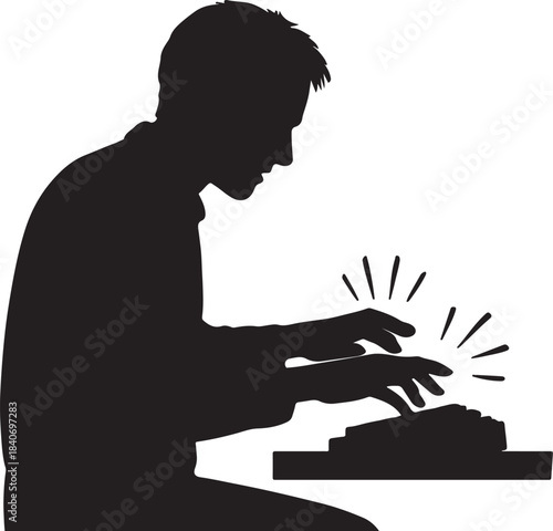 Silhouette of a person typing on a typewriter isolated on white background