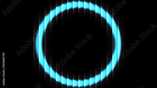 Futuristic neon halo, cyan light circle behind vertical reeded glass stripes background
