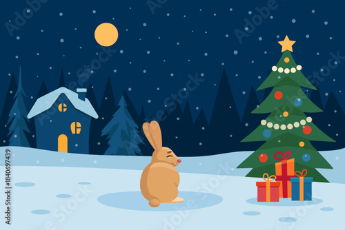 Christmas bunny in a snowy village, decorated Christmas tree, gifts, cozy home and winter night. Perfect holiday illustration for cards, posters and holiday projects.