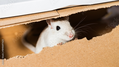 White gerbil looking out of a box