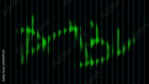 Neon Wavy Glass Stripes Background, Abstract Green Reeded Glass Vertical Lines On Dark Futuristic Backdrop