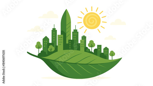 Green Sustainable City on Leaf Illustration
