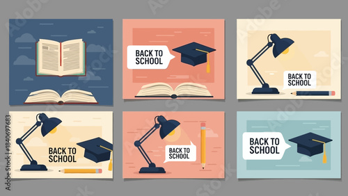 Colorful Back to School Learning Concept Featuring Books, Caps, and Lamps