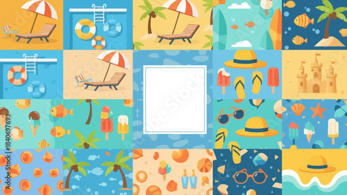 Vibrant summer vacation collage featuring beach and holiday theme icons