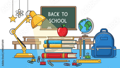Vibrant Back to School Scene with Educational Supplies in Colorful Illustration