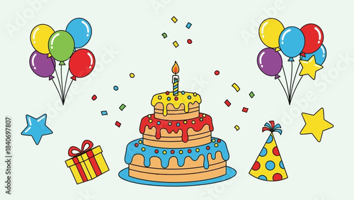 Delightful cartoon birthday party scene with cake balloons and gifts