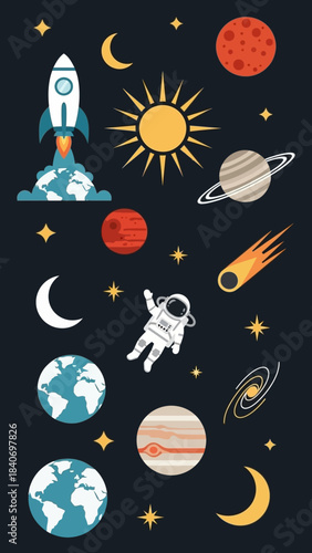 Whimsical Space Exploration Adventure: A Colorful Cosmic Cartoon Illustration