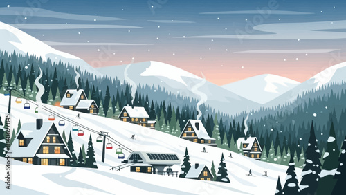 Winter wonderland scene with cozy chalets and ski lift on snowy mountain