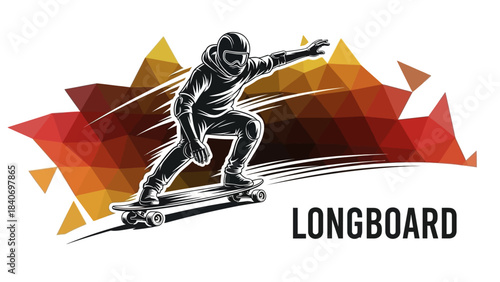 Stylized longboarder graphic with geometric background illustration