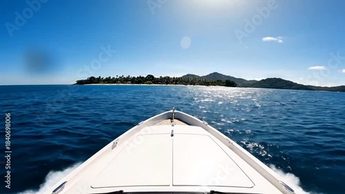 Speedboat Approaching Tropical Island on Sunny Day Clear Ocean View