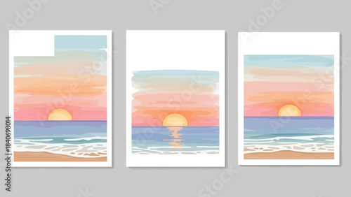 Watercolor Seascape Sunset Illustrations Art Set with Warm Tones Minimal Design