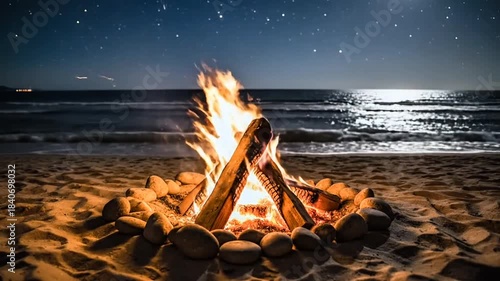 Bonfire on sandy beach at night under starry sky ocean waves