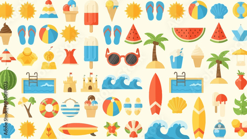Vibrant Summer Vacation Icons Pattern Design with Beach and Holiday Elements