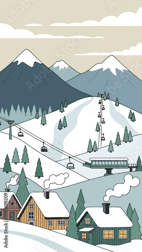 Charming winter scene with snow covered mountain village and ski resort