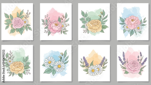 Elegant floral watercolor set collection with roses, peonies, daisies