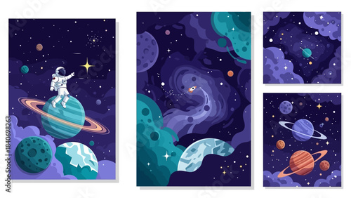 Whimsical cosmic illustration set featuring astronauts and planets in vibrant hues
