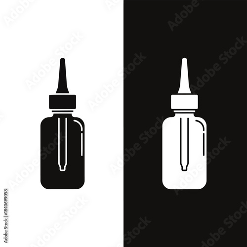 Black and white of a dropper bottle with a pointed cap and internal tube on contrasting backgrounds 