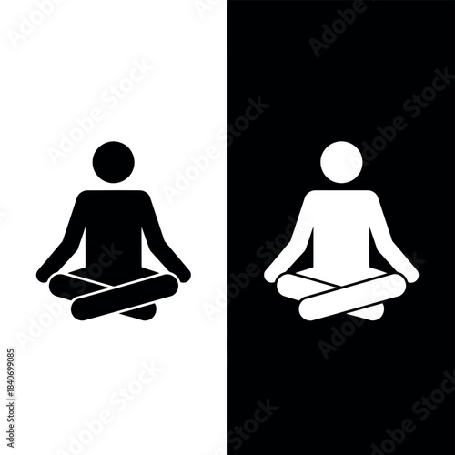 Black and white stick figures meditating in lotus pose on contrasting backgrounds 