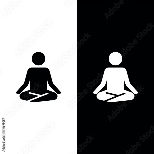 Black and white stick figure meditating in lotus pose on contrasting backgrounds 