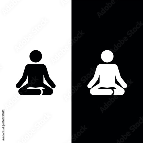 Black and white stick figures meditating in lotus pose on contrasting backgrounds