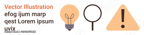 Innovation, problem-solving, attention, research, safety, alerts. Light bulb, magnifying glass exclamation triangle icons. Innovation and problem-solving with research and alert concepts