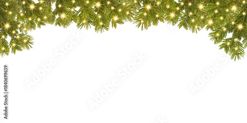 Christmash Fir frame with lights, Christmas wreath with glowing Christmas lights. Christmas tree border decoration