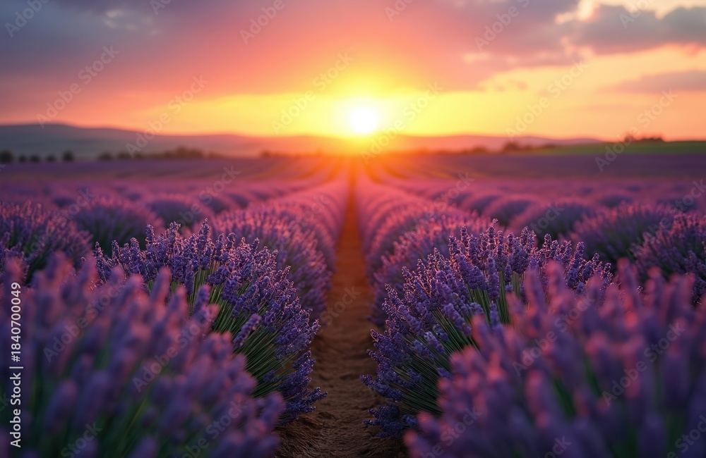 Fototapeta premium Vast lavender field under colorful sunset sky. Rows of purple flowers stretch to horizon. Gentle hills and distant trees visible. Golden sun dips low, casting warm orange light.