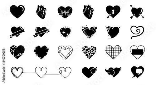 Set of Heart Icons in Black and White: Vector Illustrations for Love, Valentine's Day, Relationships, Design Elements, Logos, and Graphic Resources