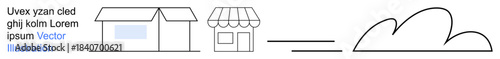 Online business, cloud storage, retail connection, business operations, e-commerce, digital transformation. Two buildings and a cloud connected by a line. Online business and cloud storage concept