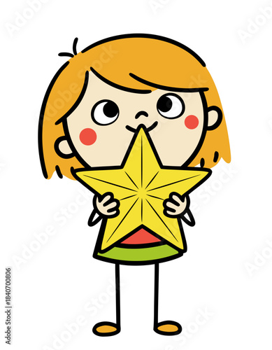 Ginger girl holding yellow Christmas star, vector illustration isolated on transparent background