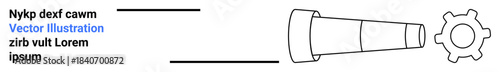Innovation, vision, planning, technology, strategy, research. Black and white illustration a telescope pointing to a gear shape. Innovation and vision-focused concept