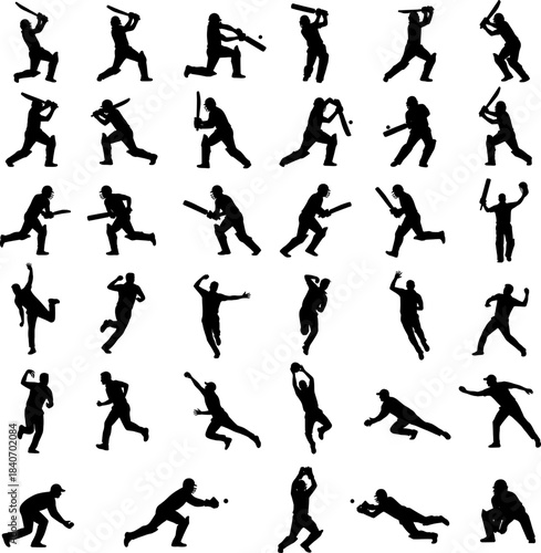 Cricket player silhouettes set including diverse poses and actions like batting running bowling catching and wicketkeeping perfect for sports graphics design projects or creating dynamic visual market