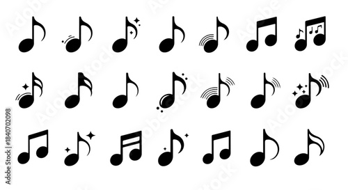 Musical Note Icons Set: Black Silhouette Music Notes with Sparkles, Sound Waves, and Variations for Design, Education, and Music Concepts - Vector Illustration on White Background