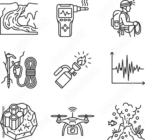 Cave exploration and geological research icons. adventure and scientific study