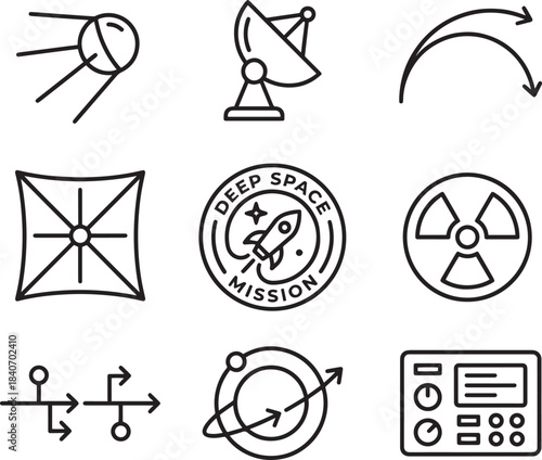 Deep space mission and astronomy outline icons set vector illustration
