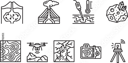 Geology and seismology line icons set, earth layers, volcano, geothermics, meteorite, drone