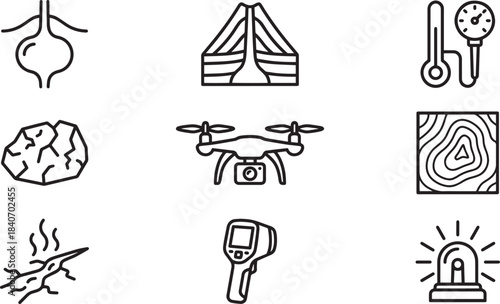 Geology and seismology line icons set, earth layers, volcano, geothermics, meteorite, drone