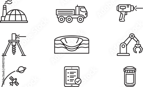 Heavy industry and space exploration line icons with factory truck and robotic arm on transparent background