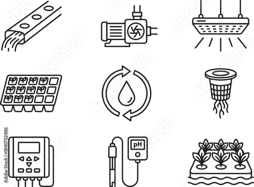Hydroponics farm system icons for modern agriculture technologies and plant cultivation