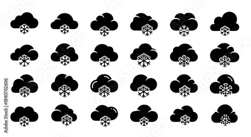 Black and White Snowflake Cloud Icons Set | Winter Weather Symbols | Snowfall Forecast Elements